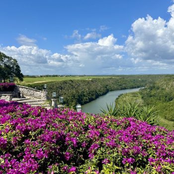 Scenic view of the Chavón River and lush hills seen from Altos de Chavón