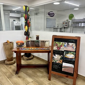 Display of local cocoa products and Dominican chocolate for sale