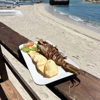 Plate of grilled fish, plantains, and salad served on the beach in La Romana